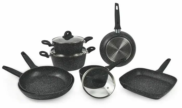 10-teiliges Kochgeschirr-Set aus antihaftbeschichtetem Aluminium in Steinoptik Villa d‘Este Home Tivoli Galaxy