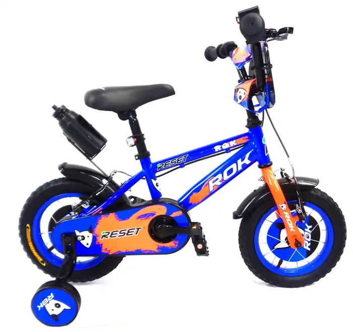 12 ” Kinderfahrrad 2 Bremsen mit Wasserflasche und blauem und orangefarbenem Frontschild