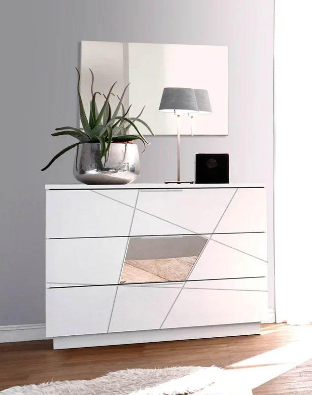Antimo – Comò da camera 3 cassetti in legno bianco opaco con specchi cm 104x45x85h
