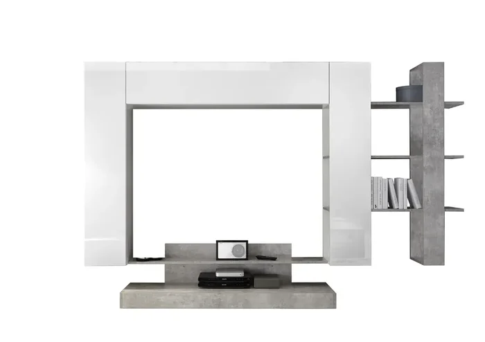 Aufbewahrungswand Wohnzimmermöbel 2 Hängeschränke 1 TV-Schrank 1 Melamin-Bücherregal 259 x 40 x 175 cm TFT Nico White Cement