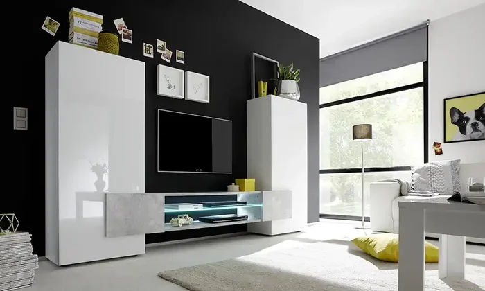 Aufbewahrungswand Wohnzimmermöbel 2 Säulenmöbel 1 Melamin TV-Schrank 258 x 37 x 143 cm TFT Build Weiß und Zement