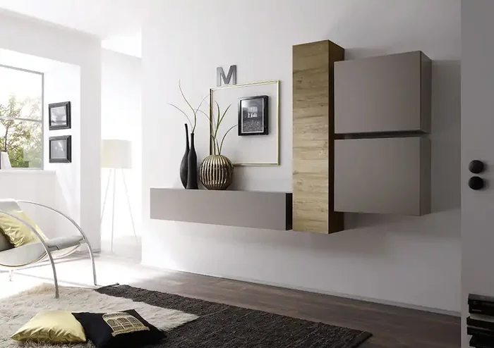 Ausgestattete Wand Wohnzimmermöbel 4 Hängemöbel 169x244x31cm TFT Cube Matt Grau und Honig