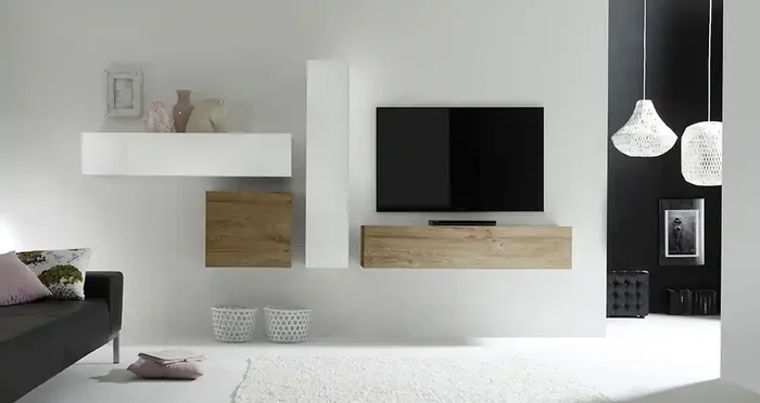 Ausgestattete Wand Wohnzimmermöbel 4 Hängemöbel 169x327x31cm TFT Cube Glänzend Weiß und Honig