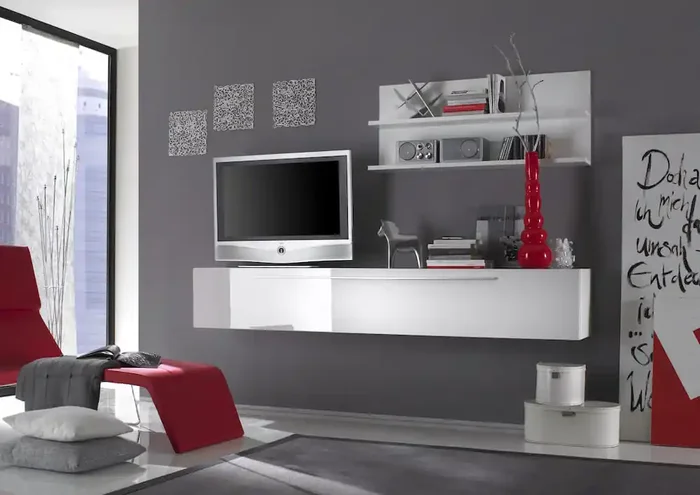 Ausgestattete Wand Wohnzimmermöbel TV-Schrank und Doppelregal 210 x 36 x 200 cm TFT Primo glänzend weiß