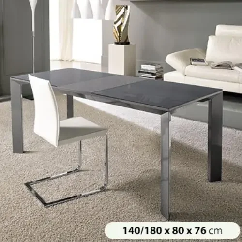 Ausziehbarer Esstisch aus Metall mit grauer Glasplatte 140 /180x80x76cm Stones Prisma Om /112 /Bg