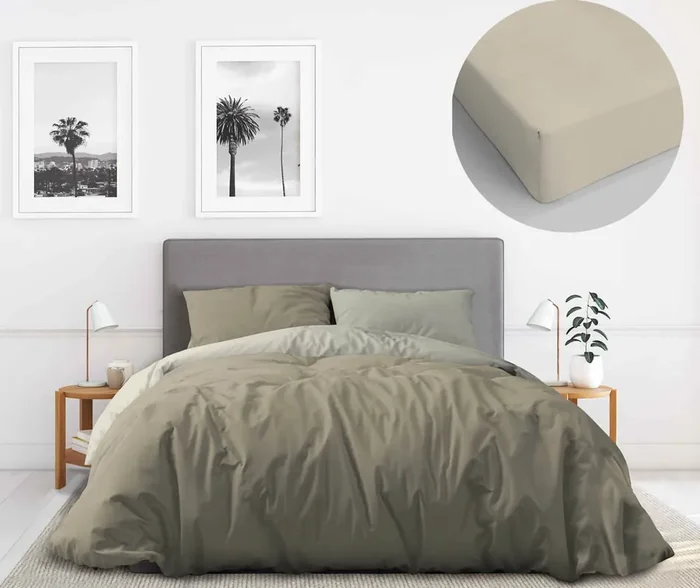 Bettbezug- und Unterlaken-Set für Doppelbetten mit doppelseitigen Kissenbezügen in Taubengrau /Creme