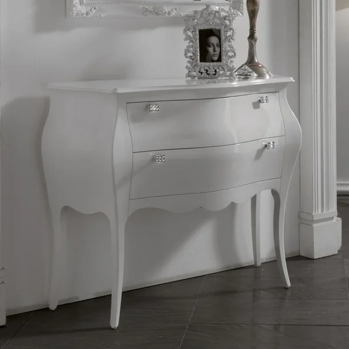 Comò classico in legno sagomato laccato lucido bianco cm 100x42x85h