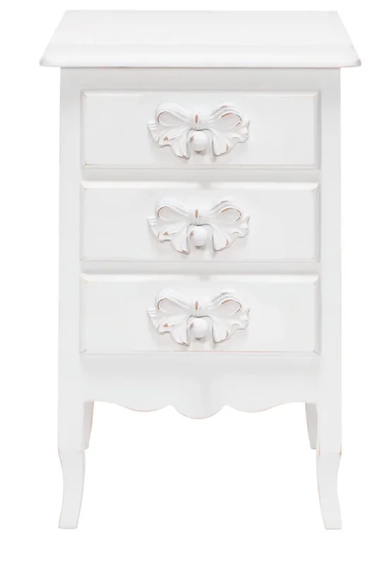 Comodino alto 3 cassetti in legno bianco shabby con fiocchi cm 43x32x64h