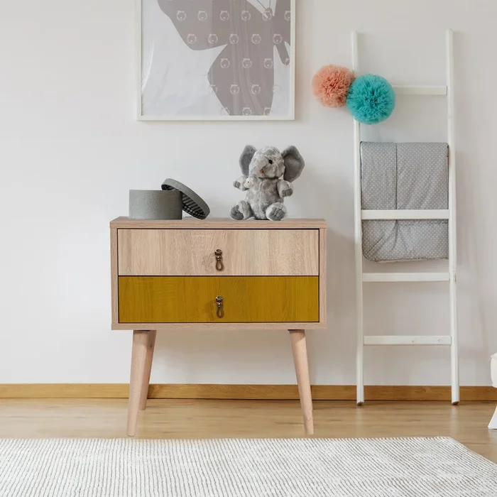 Comodino in legno 2 cassetti pino atlantico e giallo cm 60x40x61h