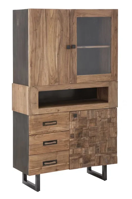 Credenza con vetrinetta stile industrial in legno di acacia cm 103x40x177h