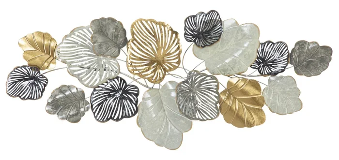 Decorazione a parete in metallo 3D con foglie oro e argento cm 142x5x65h