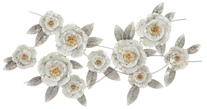 Decorazione a parete moderna in metallo 3D fiori e foglie cm 135x10x64h