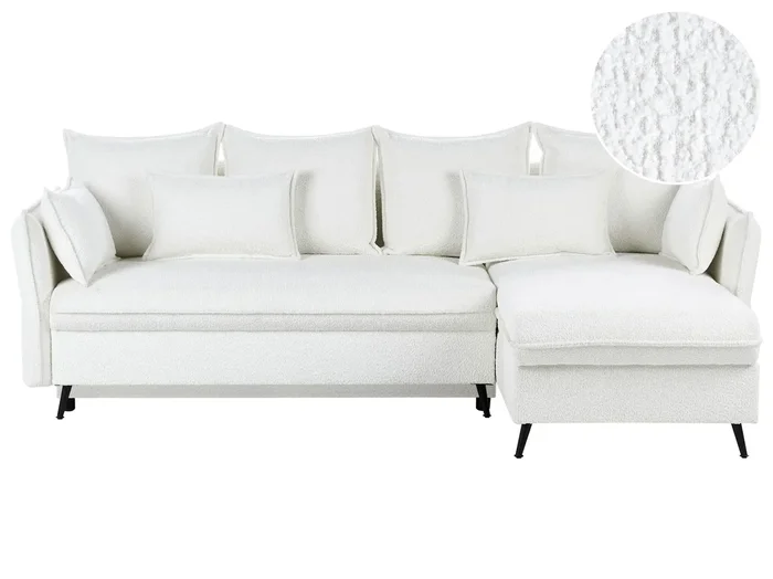 Divano letto angolare 3 posti VILLIE Bouclé Bianco sporco con contenitore Lato Sinistro