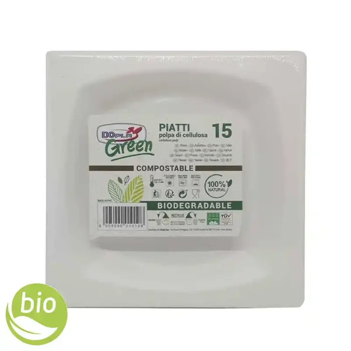 DOPLA GREEN Piatti Piccoli Quadrati 17cm in Polpa di Cellulosa Biodegradabile – 15 pz