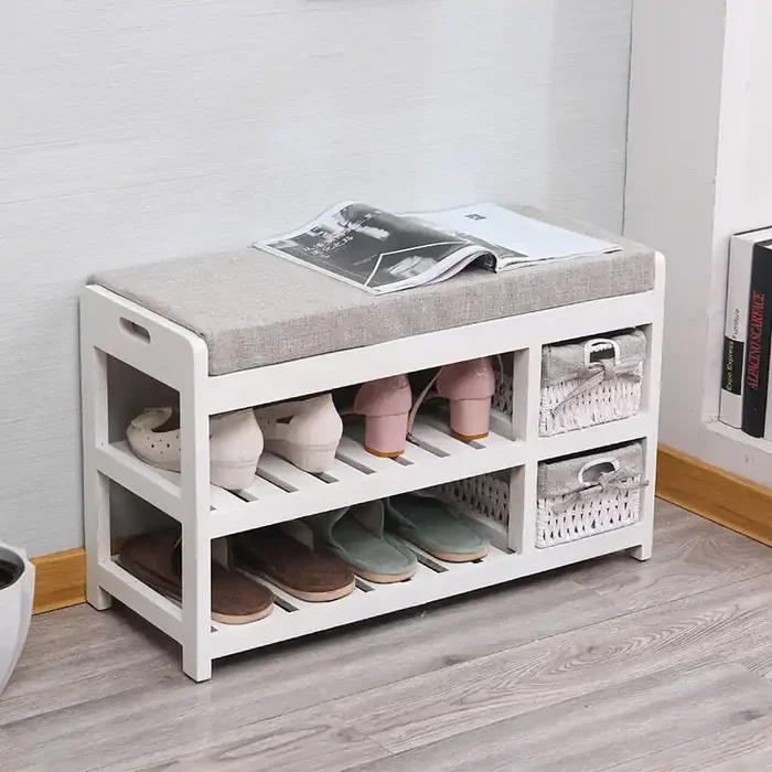 Eingangsbank Schuhregal 70 x 28 x 43 cm in Fumer Kyoto White Massivholz