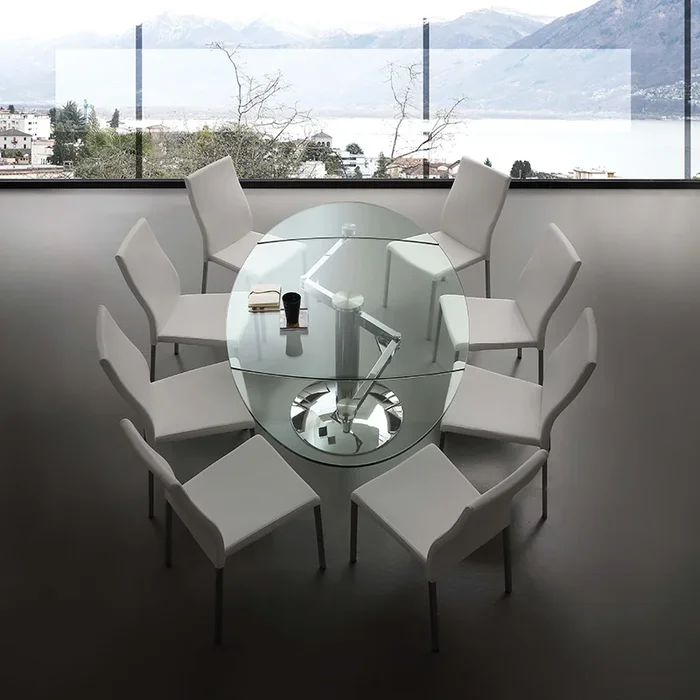 Ellisse – Tavolo ellittico allungabile con piano in vetro e gamba cromata cm 110/200x110x77h