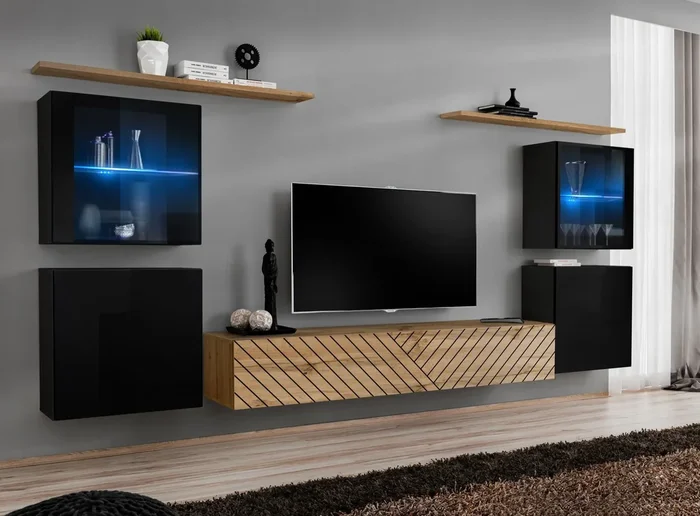 Fael – Soggiorno a parete set pensili e vetrinette con luci a led – vari colori