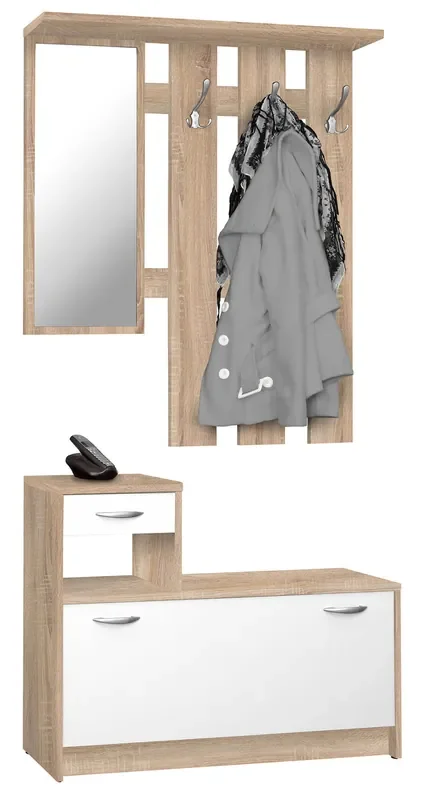 Flurgarderobe mit Spiegel und Schuhablage in Alfred Oak und White Spanboard