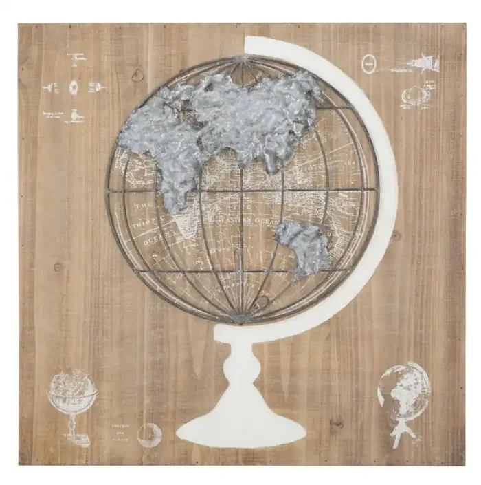 Iron /Wood World Panel 50,7 x 6,5 x 50,7 cm in Holz und braunem Eisen