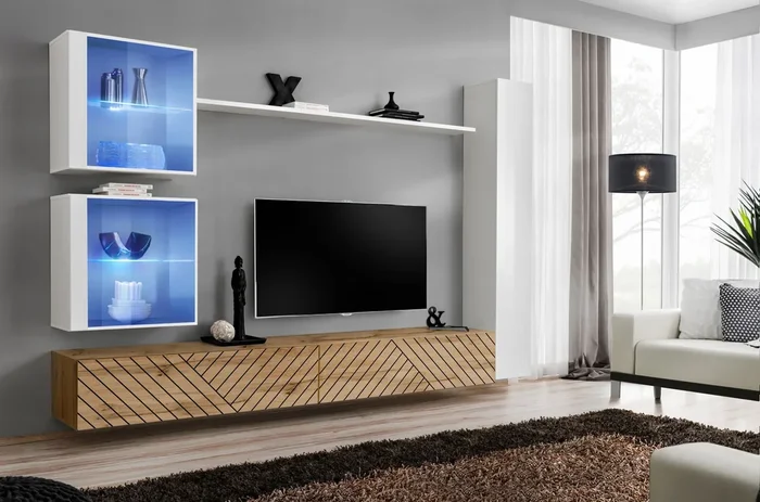 Lubne – Parete design living quercia decorata con vetrinette e luci blu – vari colori