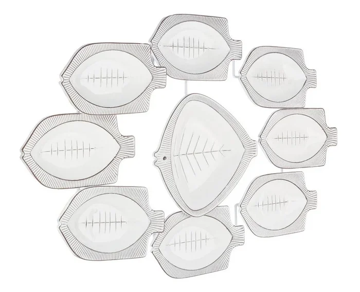 Pannello da muro decorativo con pesci in acciaio colore bianco stile moderno cm 104x6x61h