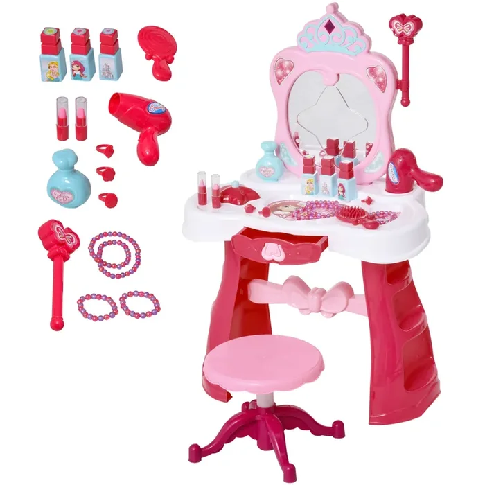 Postazione Trucco Specchiera Giocattolo per Bambini con Sgabello Rosa e Bianco