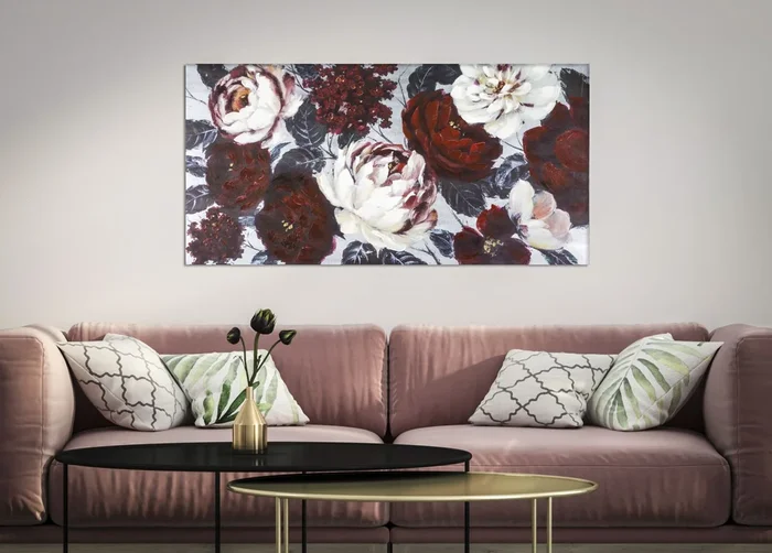 Quadro dipinto su tela per salotto con rose rosse e peonie bianche cm 120x4x60h
