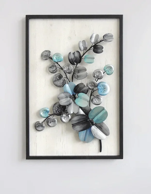 Quadro moderno in legno con foglie e fiori in metallo 3D cm 40x6x60h