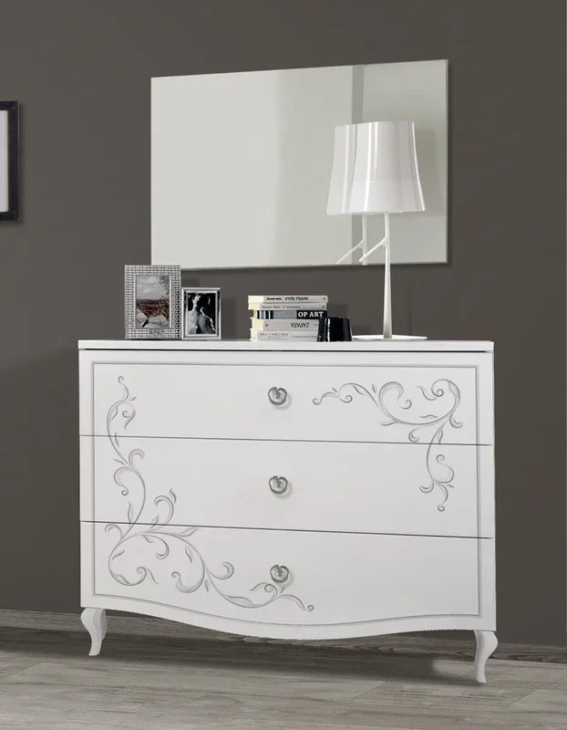 Rosette – Comò da camera in legno bianco opaco con serigrafie cm 104x45x92h