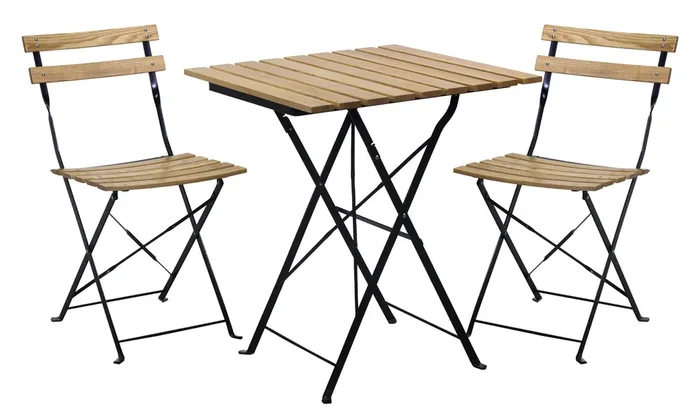 Set aus Couchtisch und 2 klappbaren Gartenstühlen aus Metall und Naturholz