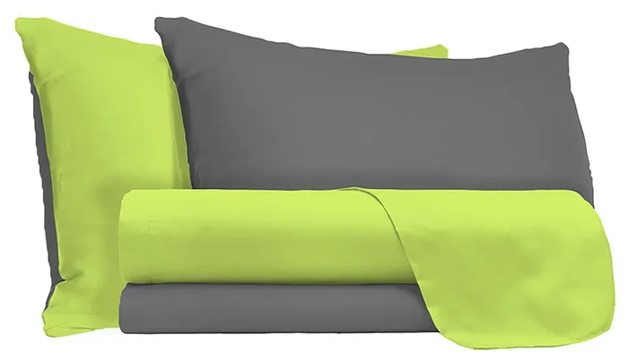 Set aus Oberlaken und Kissenbezügen in Acid Green /Smoke Cotton, verschiedene Größen – Single