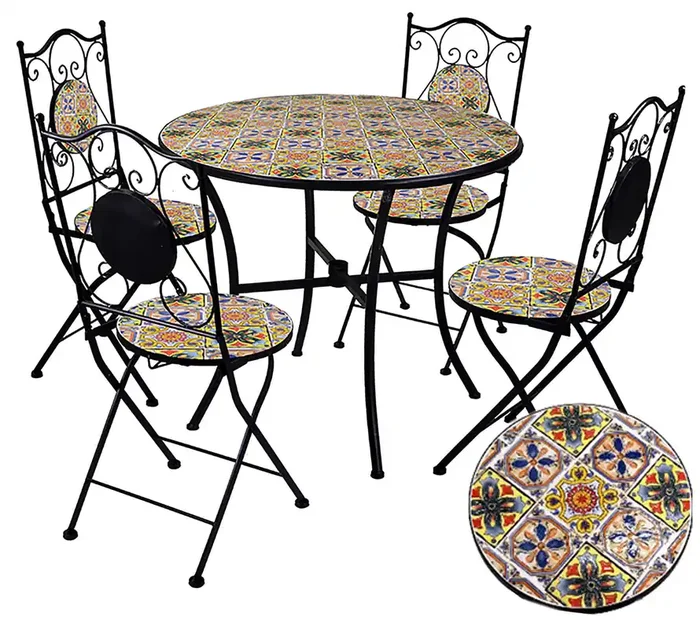 Set aus Tisch und 4 Gartenstühlen mit Mosaik aus Trapani-Metall