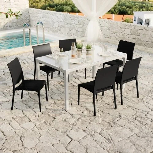 Set tavolo da giardino esterno dehors con vetro 150×90 cm bianco + 6 sedie nero Ivy