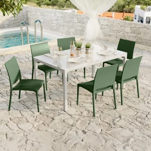 Set tavolo da giardino esterno dehors con vetro 150×90 cm bianco + 6 sedie verde Ivy