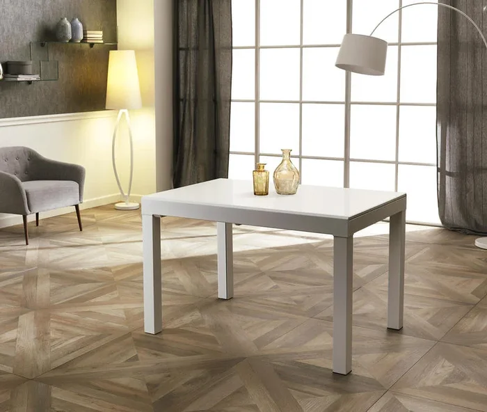 Tavolo da pranzo piano in vetro struttura in metallo bianco cm 83×120/350x75h