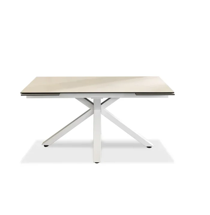 Tavolo design allungabile gambe incrociate in metallo top e allunghe in vetro e ceramica cm 160/240x90x76h