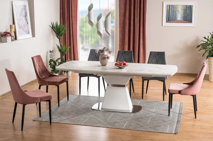 Tavolo soggiorno piano allungabile ceramica marmo bianco base in legno cm 160/210x90x76h