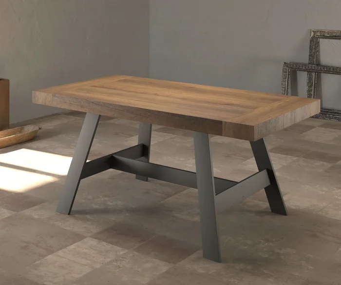 Tesos – Tavolo industrial allungabile gambe in metallo ad X piano in legno – vari modelli