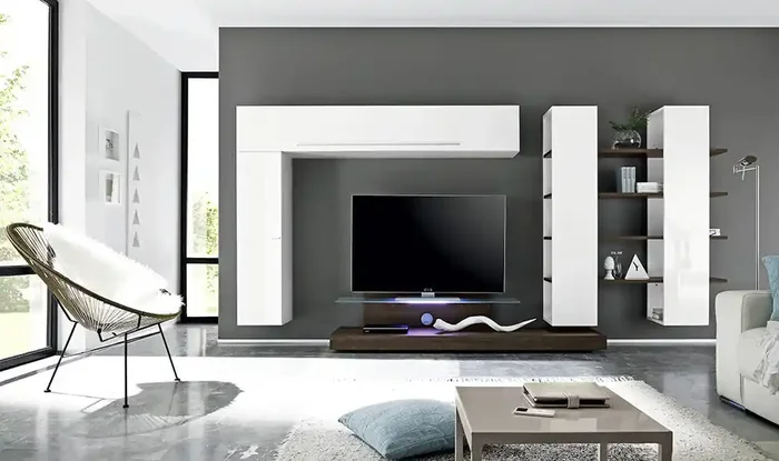 Wohnwand Wohnzimmermöbel 2 Hängemöbel 1 TV-Schrank 1 Wand-Bücherregal 360x50x180cm TFT Line Glossy White Oak Wenge