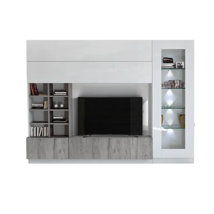 Wohnwand Wohnzimmermöbel Fernsehschrank 2 Hängeschränke Bücherregal und Säulenschrank TFT Line Grey Oak