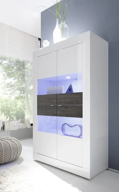 Wohnzimmer-Hochschrank 4 Türen 102x43x162cm TFT Basic Glänzend Weiß und Wenge Eiche