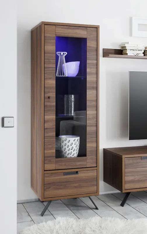 Wohnzimmermöbel Vitrine 1 Tür 1 Schublade in Melaminglas 173x56x50cm TFT Palm Nussbaum